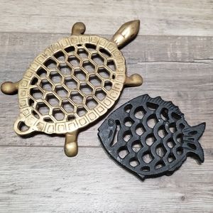 2 Trivets: Brass Turtle & Fish